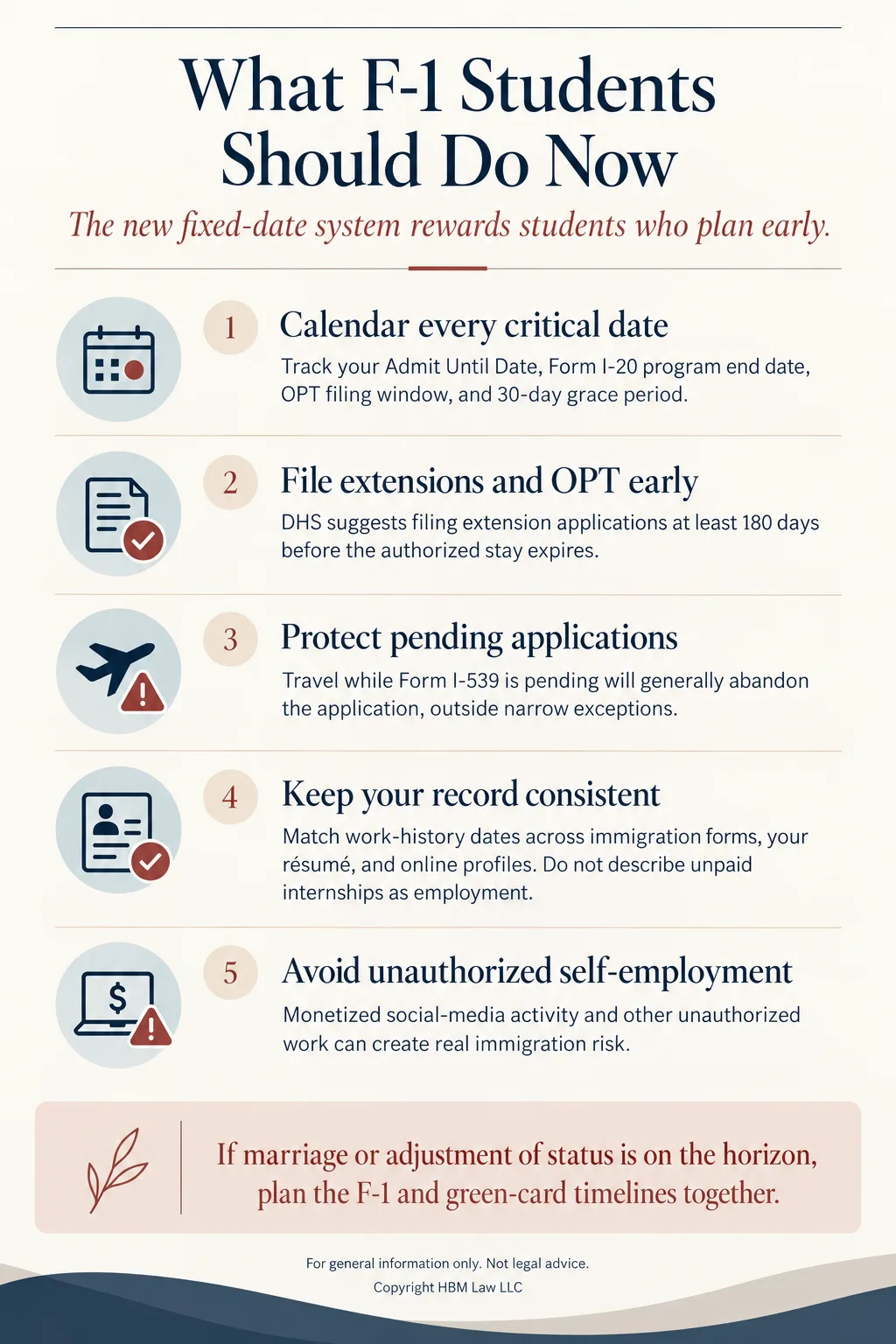 Five steps for F-1 students: calendar every critical date, file extensions and OPT early, avoid travel while Form I-539 is pending, keep your record consistent, and avoid unauthorized self-employment