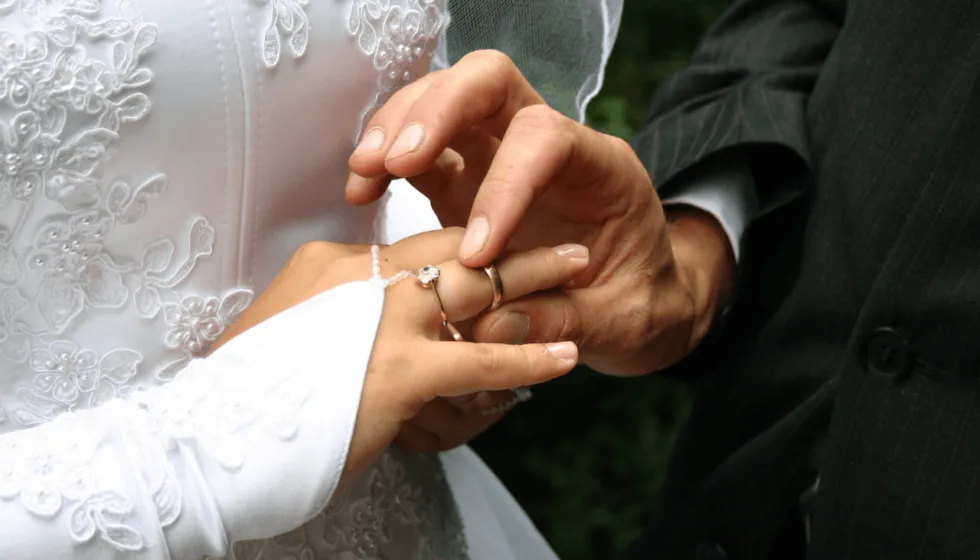 A married couple exchanging wedding rings after a successful K-1 visa journey